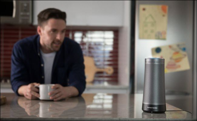 Harmon Kardon Invoke Cortana speaker on a kitchen counter.