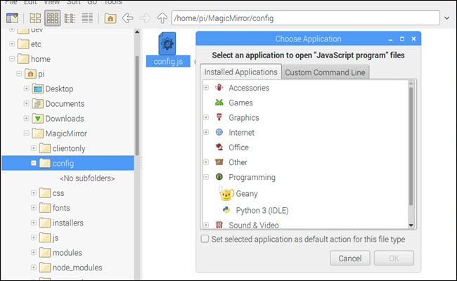 File manager with open with dialog showing.