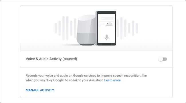 Google Voice and Audio activity dashboard with toggle off.