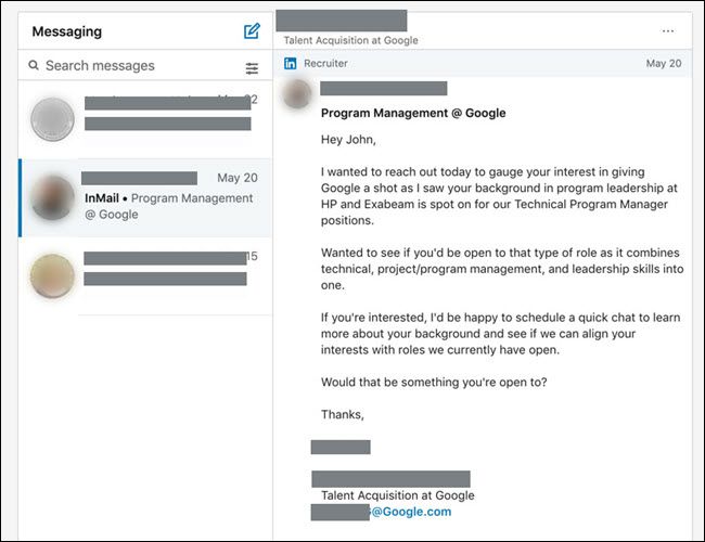 LinkedIn message from a Google recruiter asking for a chat about jobs.