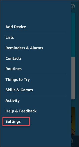 Alexa app with box around Settings option.