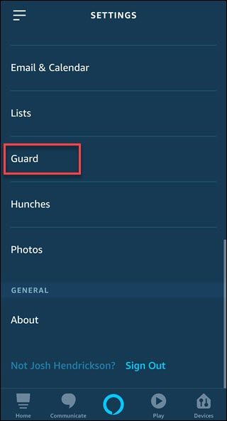 Alexa app with box around Guard option.