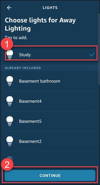 Alexa app with box around a light to add and the continue button.