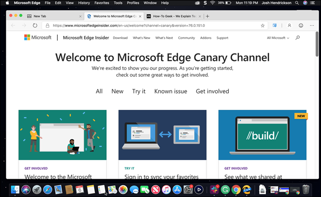Edge for Mac showing a Welcome to Canary Channel page.