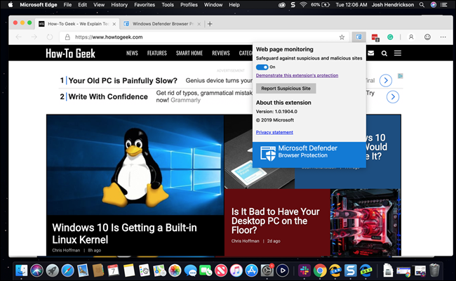 Edge browser on Mac with Defender Extension visible