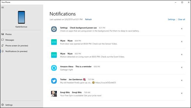 Your Phone PC app showing various notifications from Wyze, Alexa, Android settings, and twitter.