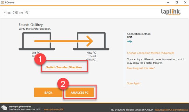 Transfer dialog with boxes around &quot;switch transfer direction&quot; and &quot;analyze pc&quot; boxes.
