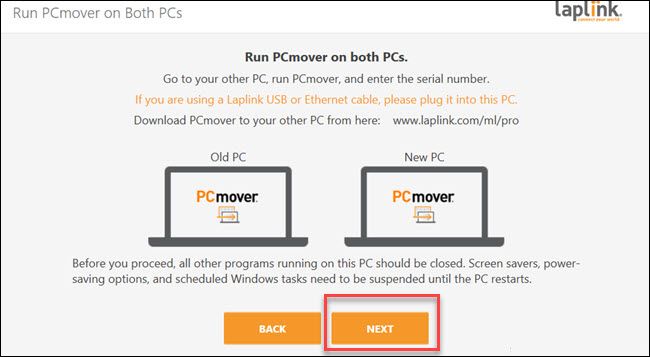 PCMover with box around Next button.
