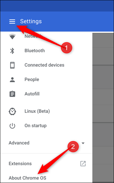 Click the Hamburger menu, then on About Chrome OS