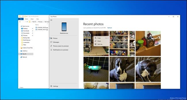 Your Phone app with photos next to file explorer window.