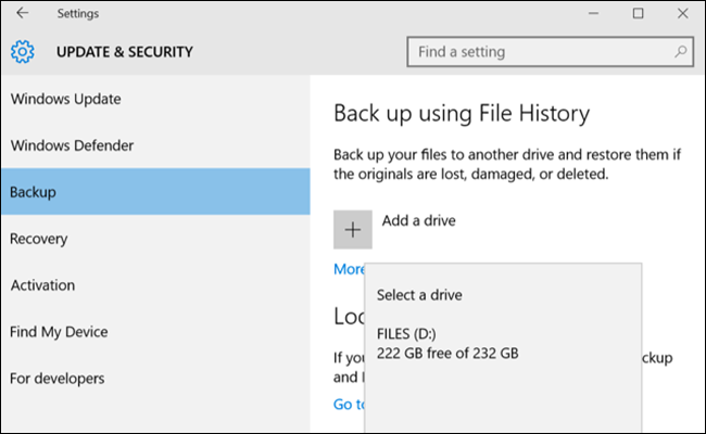 backup settings dialog, showing add a drive options