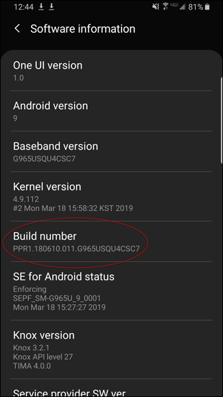 Build number option in Android phone settings