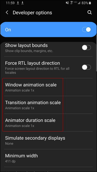 Animation scale settings on Android's Developer options screen.