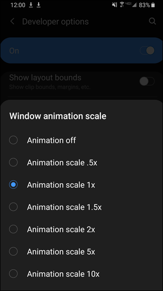 Various window animation scale options on Android
