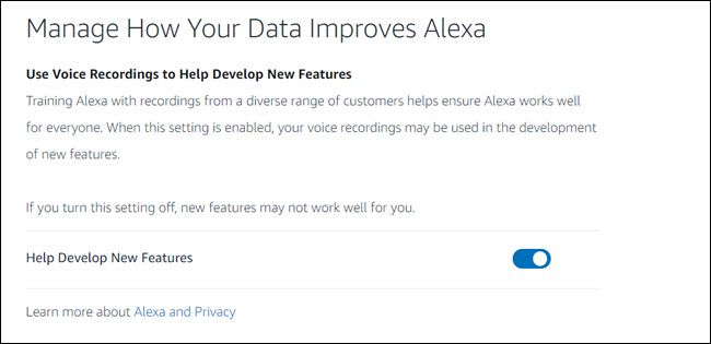 Alexa privacy dashboard with 'help develop new features' toggle.