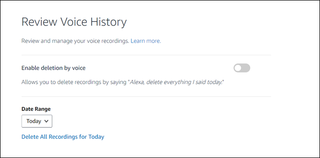 Review Voice history dialog, with &quot;Enable deletion by voice&quot; toggle.