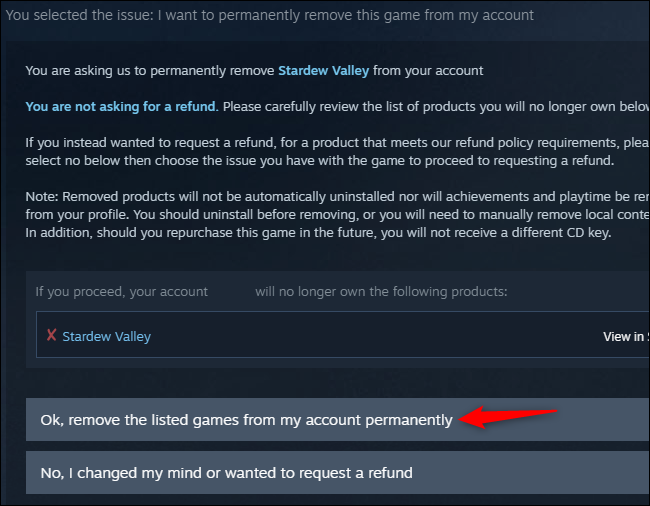 Confirmation for removal of a Steam game