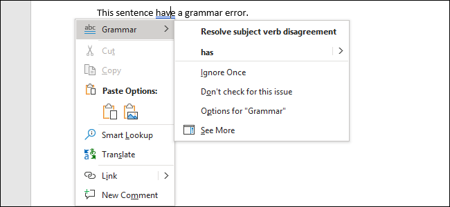 Fixing a grammar error in Word 2019 for Office 365