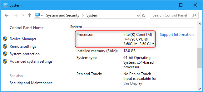 Processor name shown in Windows 10's Control Panel.