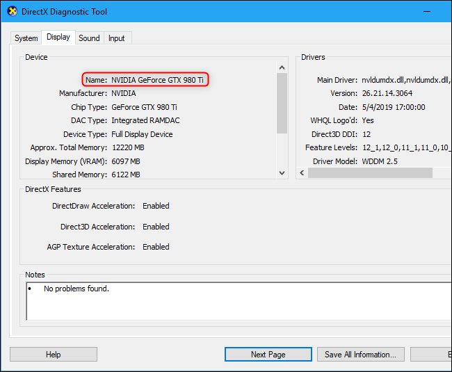 DirectX Diagnostic Tool showing name of computer's graphics card