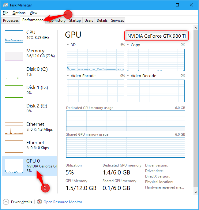 Name of computer's GPU shown in Windows 10's Task Manager