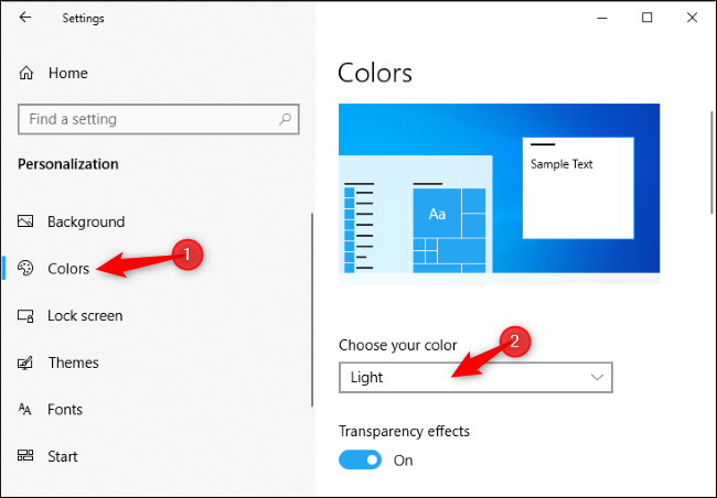 Enabling the light theme in Windows 10's Settings app
