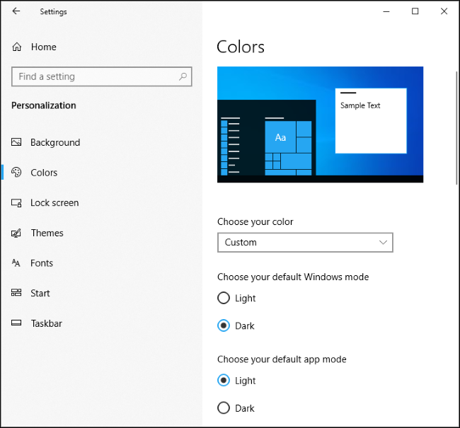 Windows 10's old dark Windows mode and light app mode