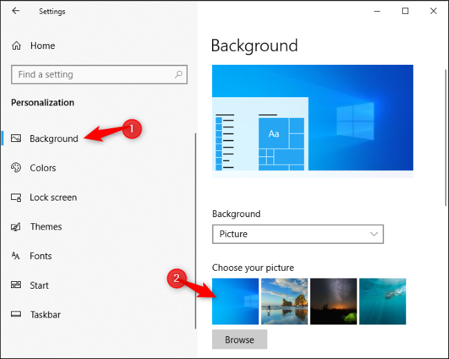 Selecting Windows 10's new default desktop background