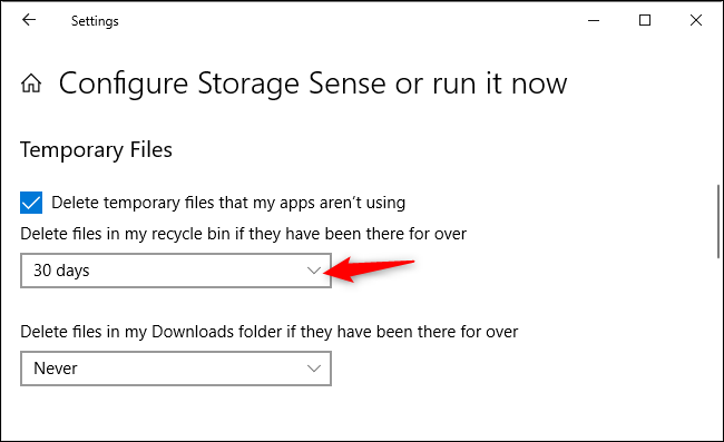 Option to control whether Storage Sense automatically deletes files in the Recycle Bin