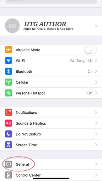 Screenshot of the iPhone settings page