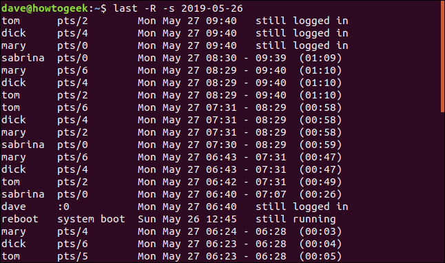 Output from last -R -s 2019-05-26 in a terminal window