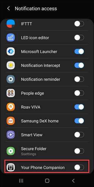 Android notification access settings with box around your phone companion toggle.