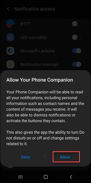 Allow your phone companion dialog with box around allow option.