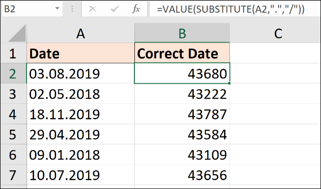 SUBSTITUTE formula to convert text to dates