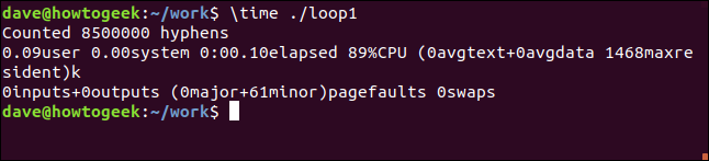time results for loop1 in a terminal window