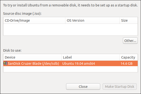 startup disk creator with the USB drive highlighted