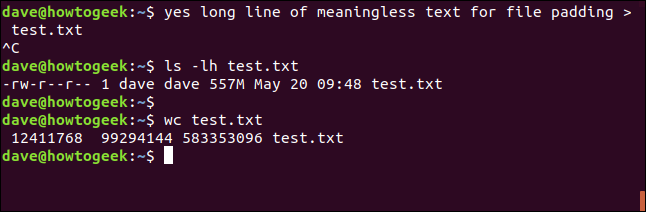 generating test files with yes i a terminal window