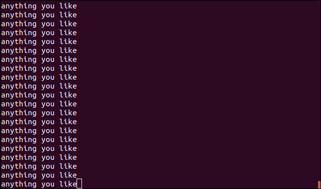output from yes with a line of text in a terminal window