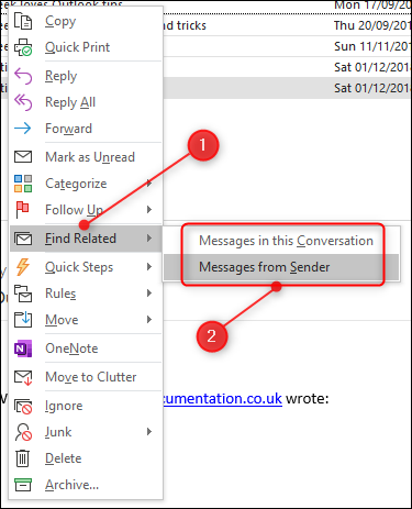 The &quot;Find Related&quot; menu option, with &quot;Messages from Sender&quot; highlighted