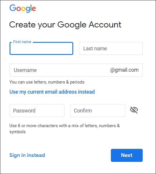 The Create your Google Account page.