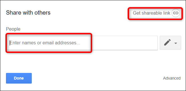 Type email addresses or click "Get Shareable Link."