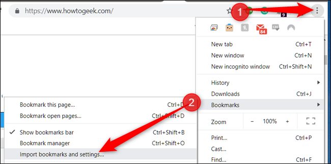 Click the menu icon, point to Bookmarks, then click on Import Bookmarks and Settings