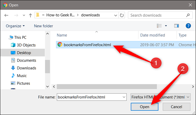 Navigate to the folder with the HTML file, click it, then click Open