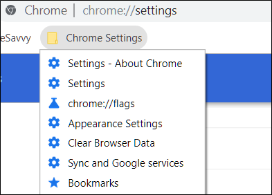Example of Chrome Settings saved for quick access