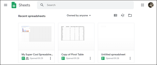 Overview of Google Sheets homepage