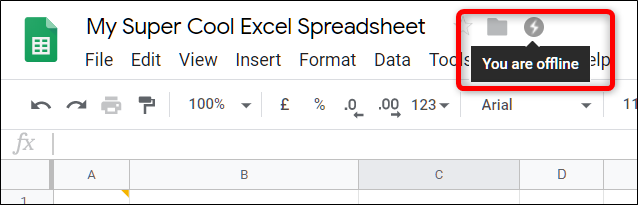When offline, your spreadsheet shows this icon