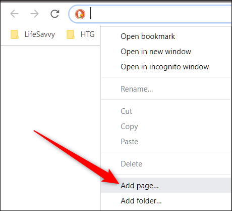 Right-click a blank spot on the Bookmarks Bar, then click Add Page