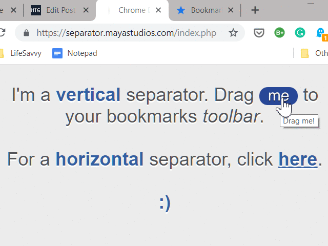 Drag the bookmarklet onto the Bookmarks Bar to create a separation line