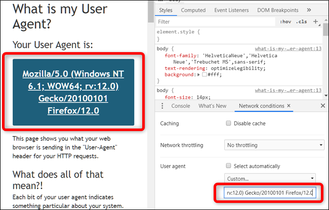 Go to a website with the Developer Tools still open to view it using the specified user agent