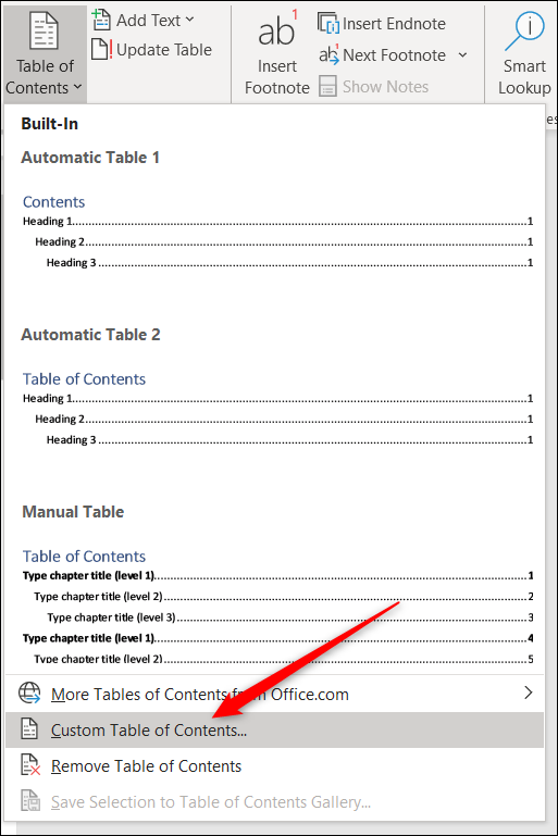 custom table of contents option